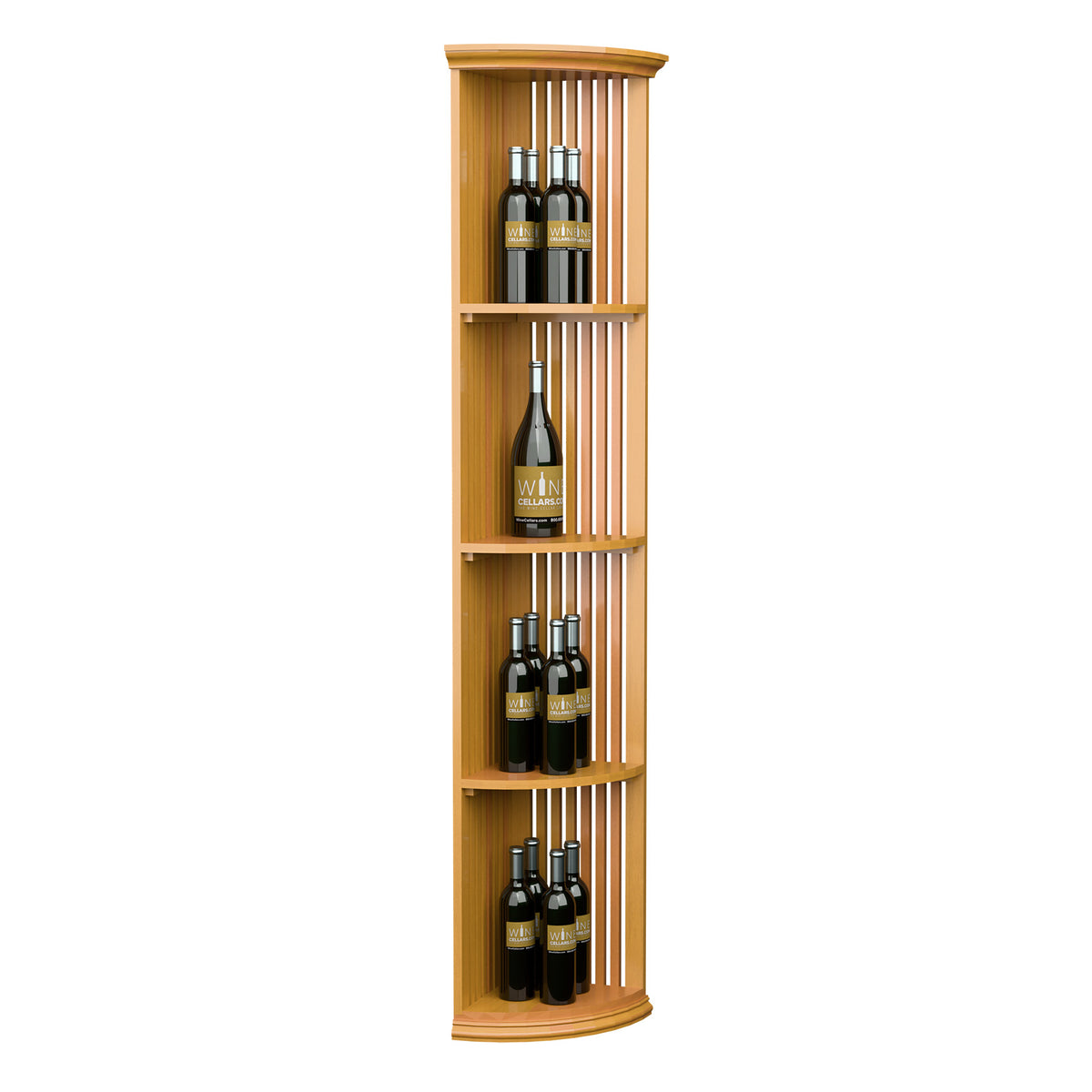 Tall quarter-round wine rack with lattice slats and round base, three levels, light wood