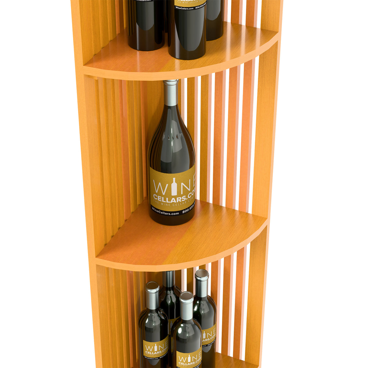 Curved shelf tiers of quarter-round wine rack with vertical lattice, light wood finish