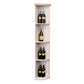 Tall quarter-round wine rack with lattice slats, round base, bottles on three shelves