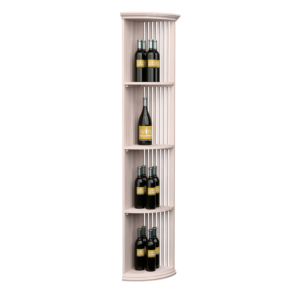 Tall quarter-round wine rack with lattice slats, round base, bottles on three shelves