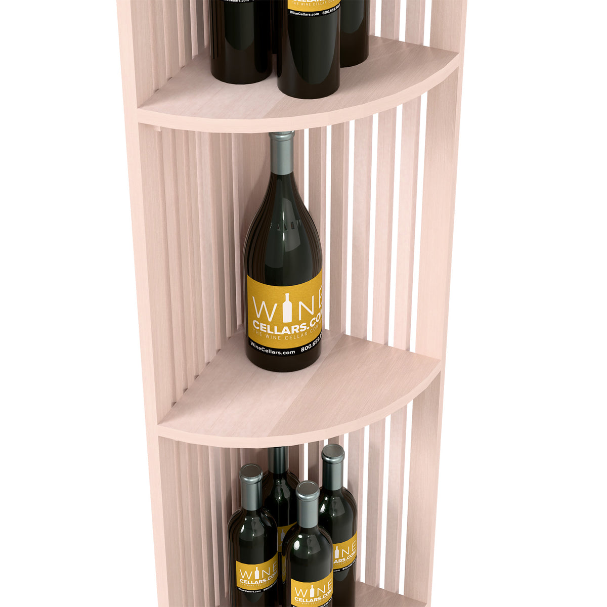 Quarter-round wine rack shelf with vertical lattice dividers, whitewashed wood, bottle display