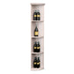 Tall quarter-round wine rack with round base, lattice sides, three shelves, white finish