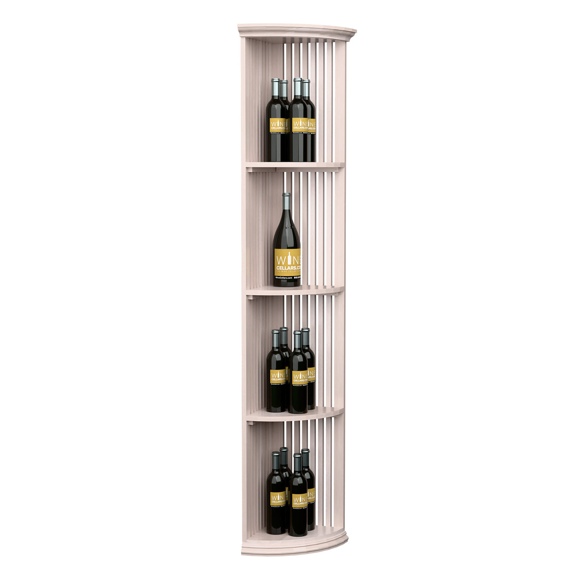 Tall quarter-round wine rack with round base, lattice sides, three shelves, white finish
