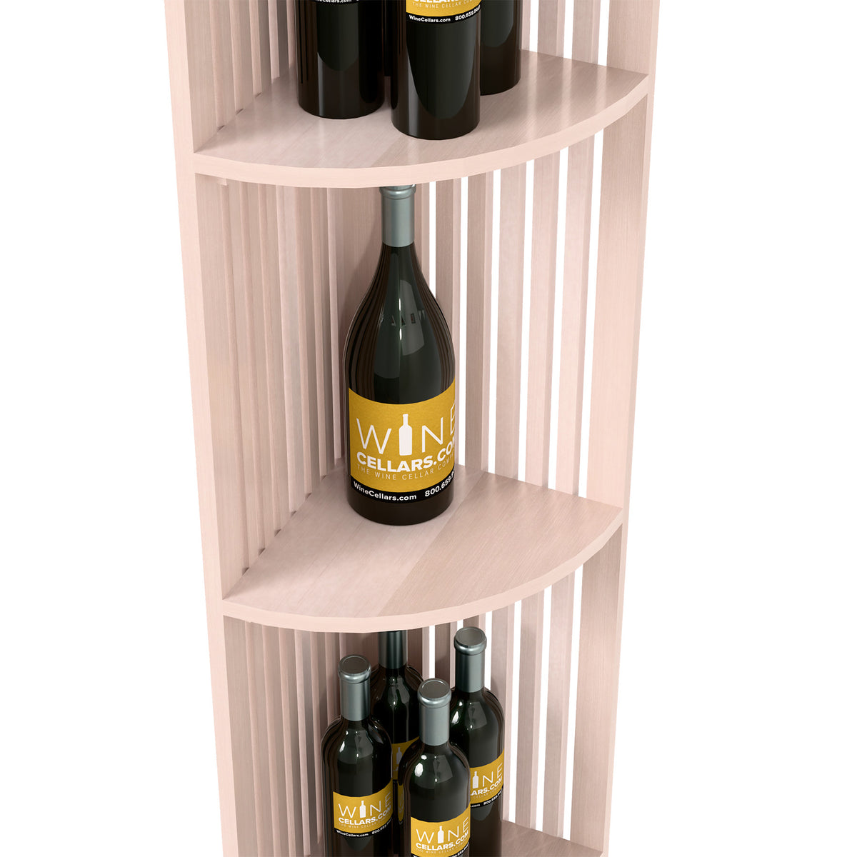 Two curved shelves of whitewashed quarter-round wine rack with vertical lattice dividers