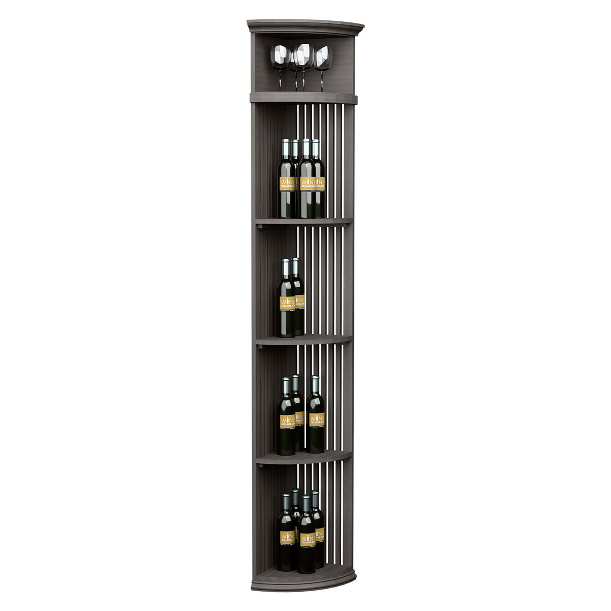Quarter-round wine shelf with round base, lattice dividers, bottle racks and 4 glass holders, dark grey