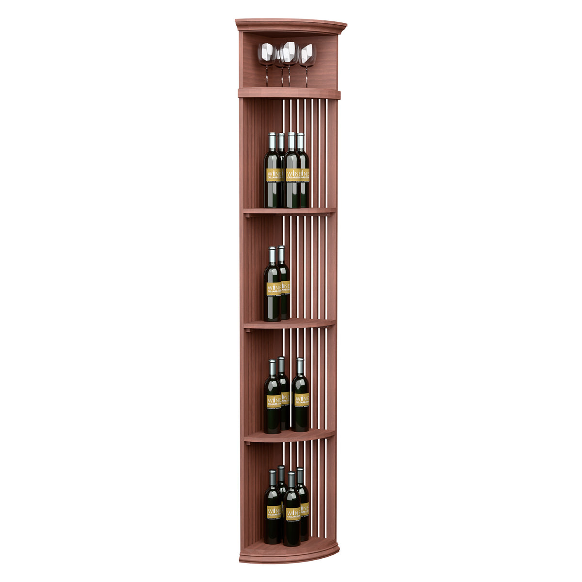 Quarter-round wine shelf with round base, lattice dividers, bottle racks and 4 glass holders, red-brown
