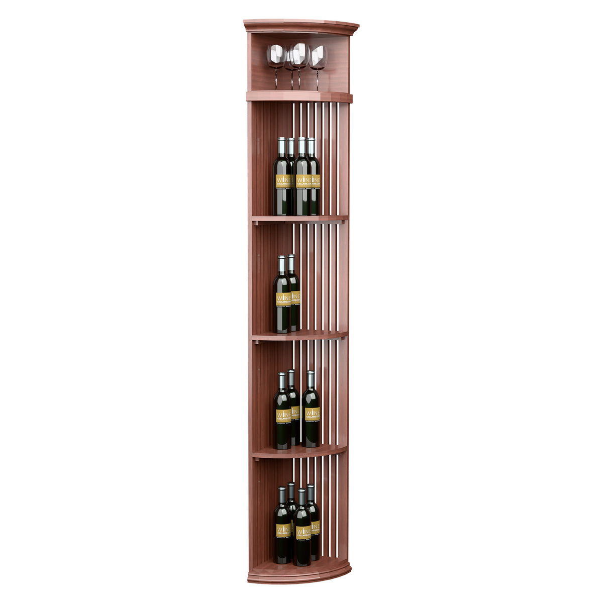 Quarter-round wine shelf with round base, vertical lattice compartments, bottle slots and 4 glass holders, warm brown