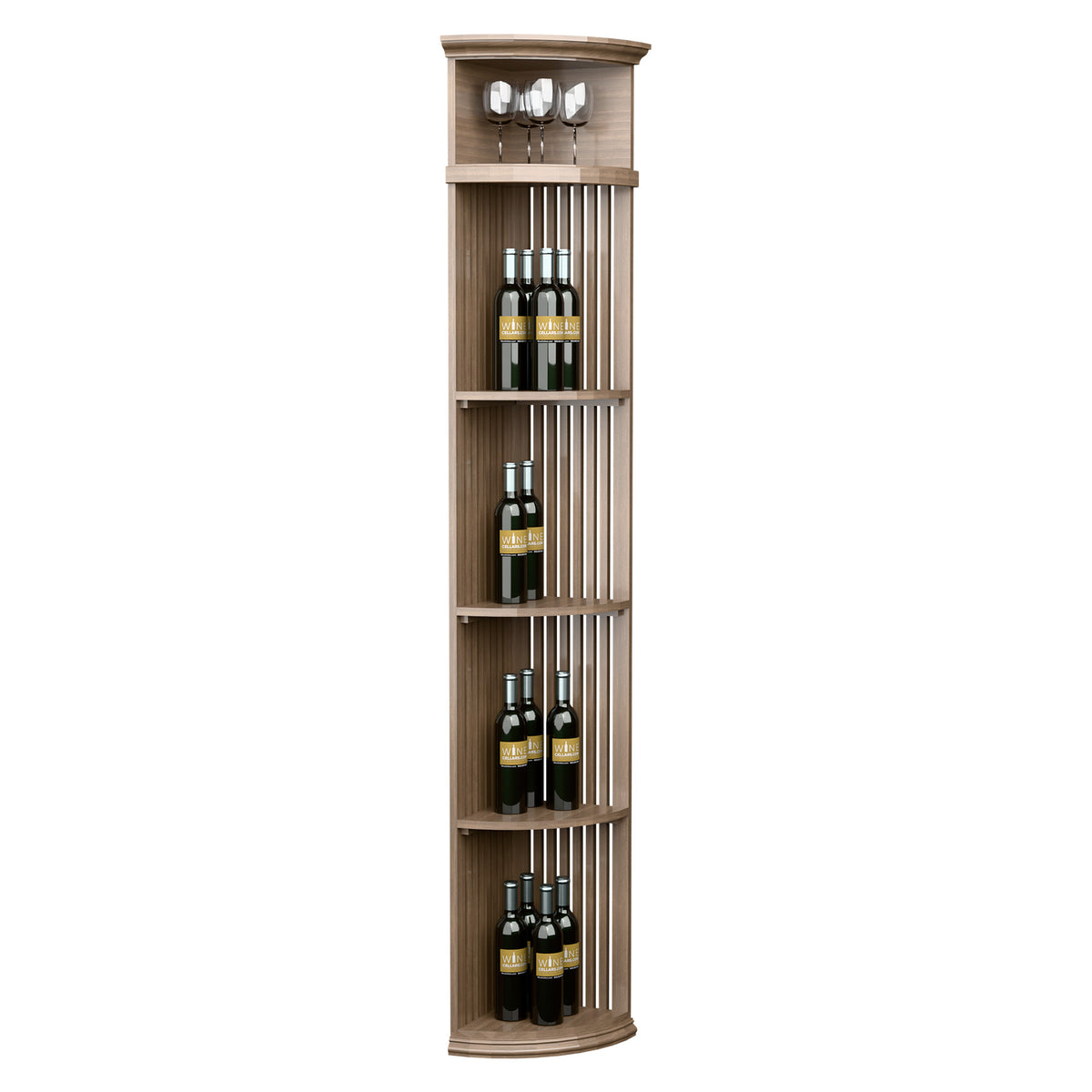 Quarter-round wine shelf with round base, vertical lattice compartments, bottle slots and 4 glass holders, light wood