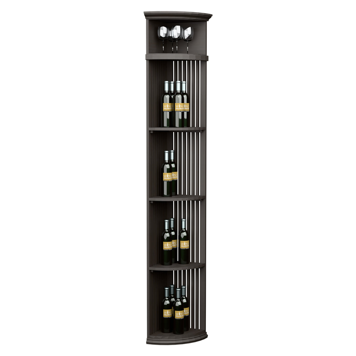 Quarter-round wine shelf with round base, lattice dividers, bottle racks and 4 glass holders, dark grey