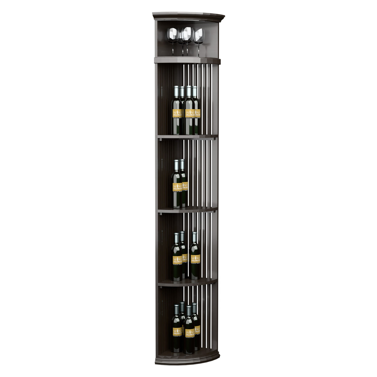 Quarter-round wine shelf with round base, vertical lattice shelves, bottle slots and 4 glass holders, charcoal grey