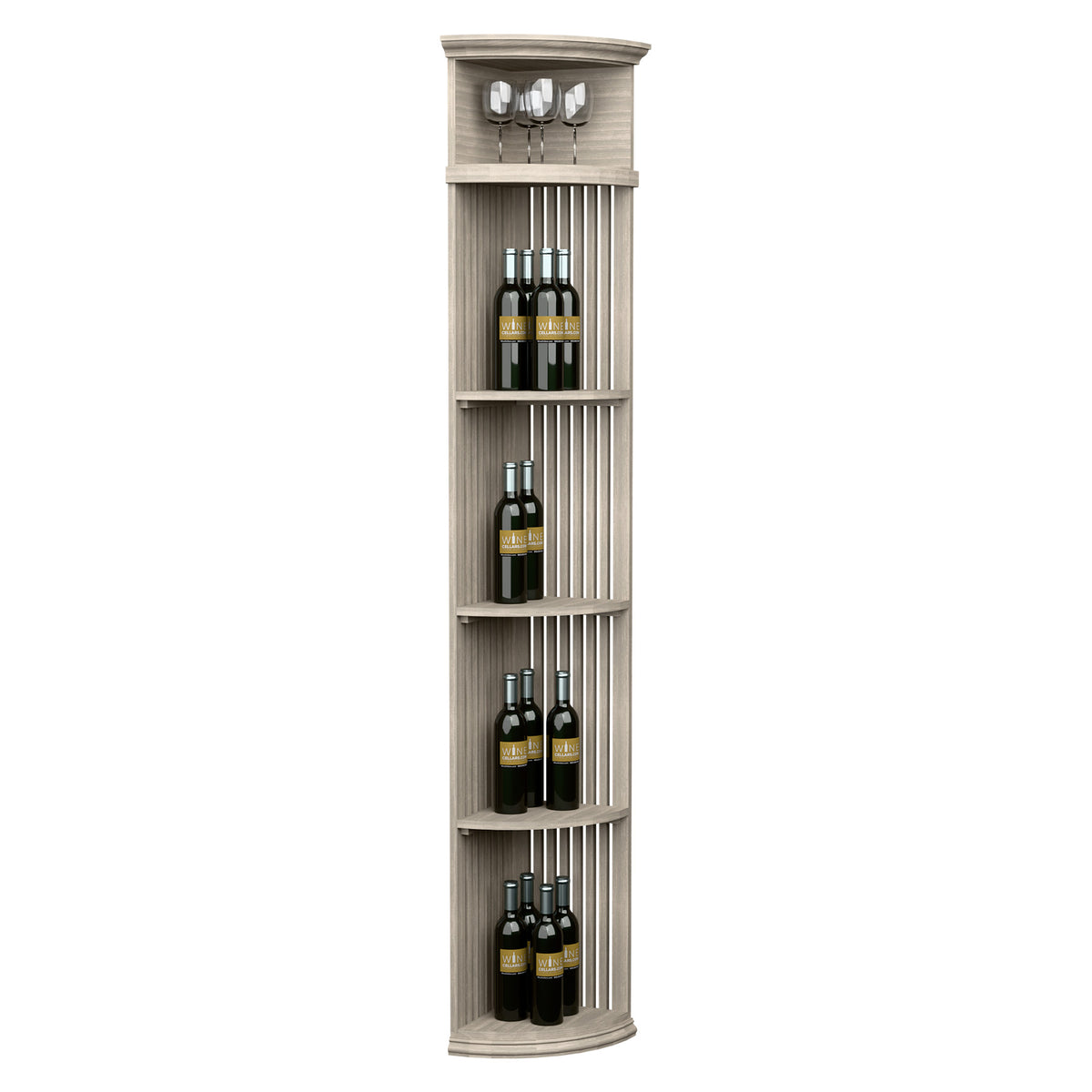 Quarter-round wine shelf with lattice sides, round base, bottle slots and glass rack, light gray.