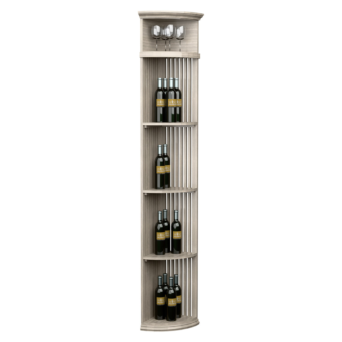 Quarter-round wine shelf with lattice sides, round base, bottle slots and glass rack, light gray.