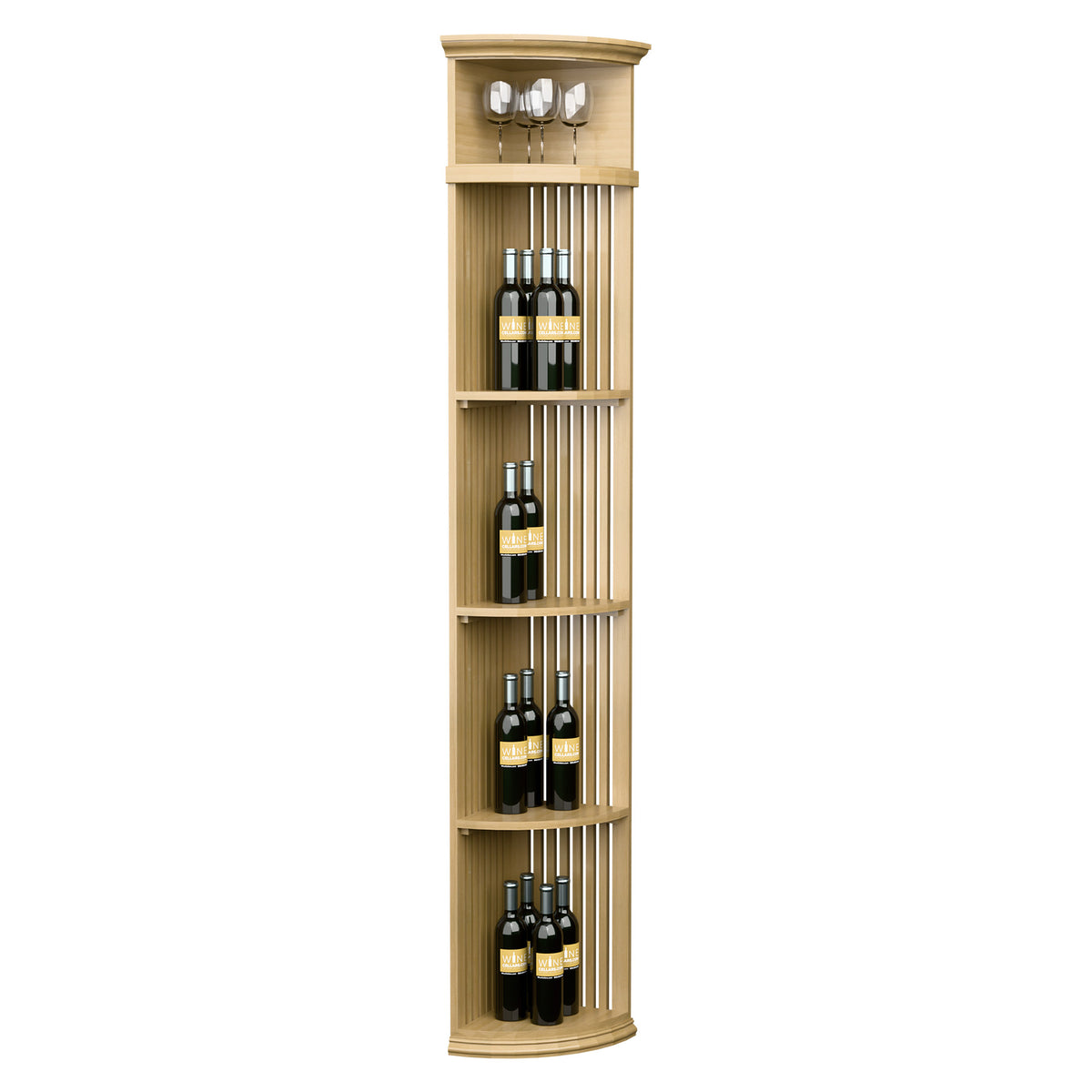 Quarter-round wine shelf with lattice sides, round base, bottle slots and glass rack, light wood.