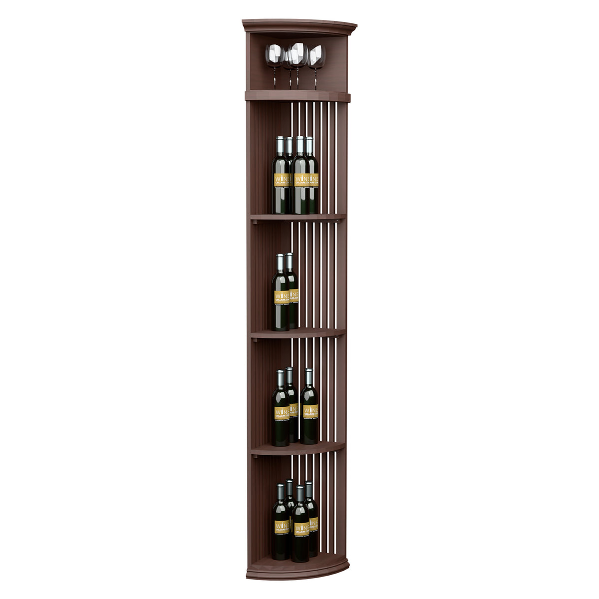 Quarter-round wine shelf with lattice sides, round base, bottle slots and glass rack, dark brown.