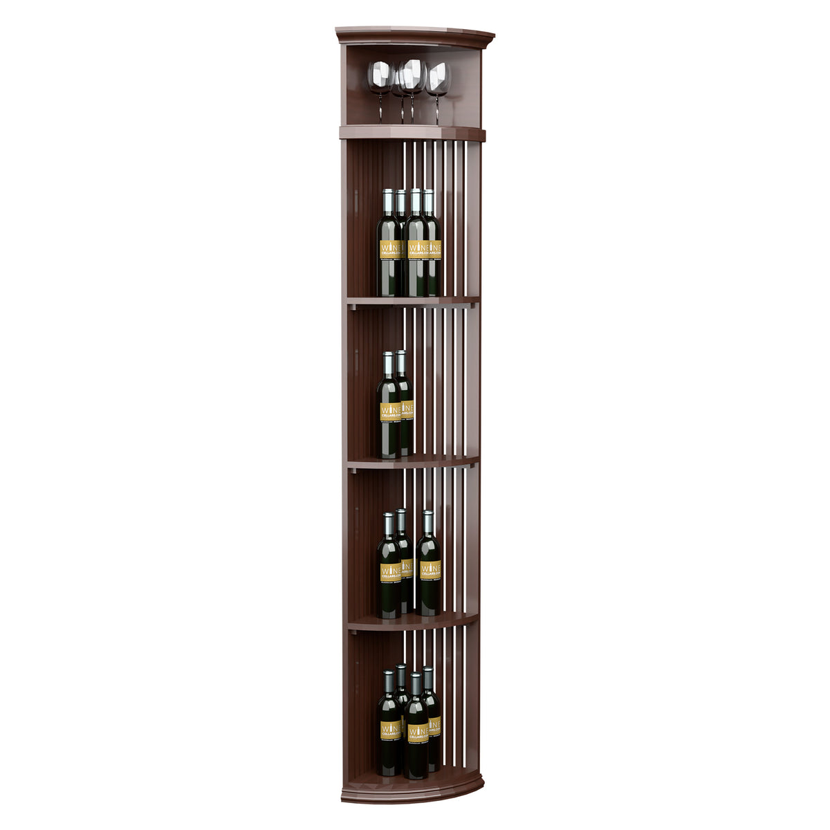 Quarter-round wine shelf with lattice sides, round base, bottle slots and glass rack, dark brown.