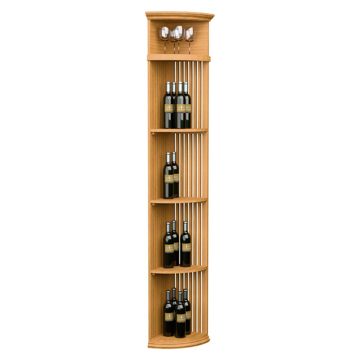 Quarter-round wine shelf with lattice sides, round base, bottle slots and glass rack, natural wood.