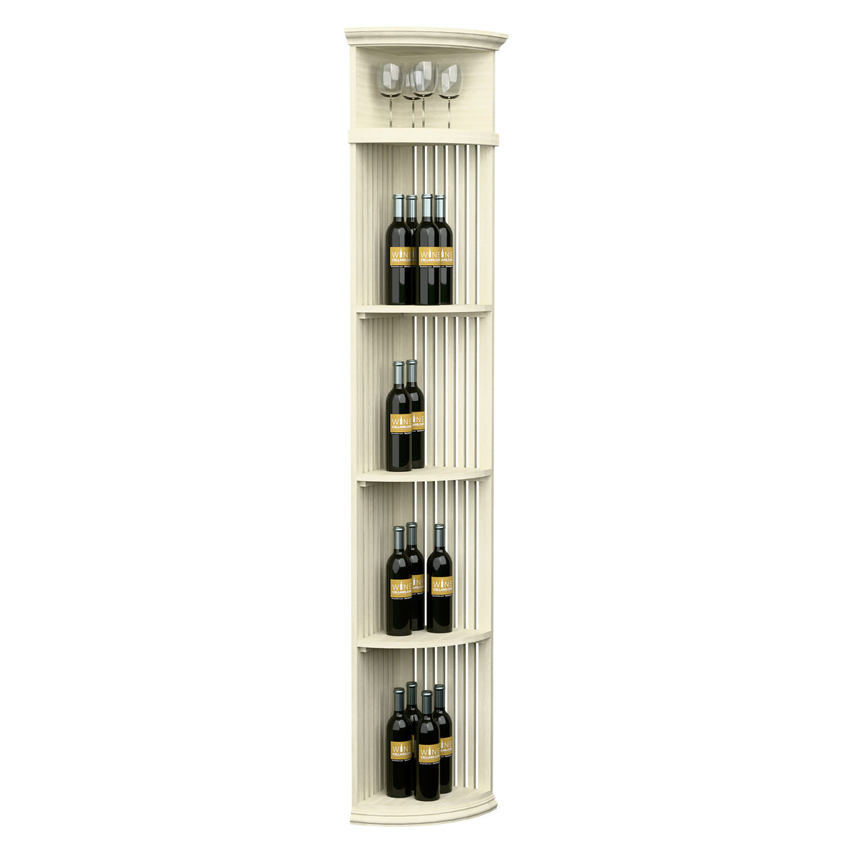 Quarter-round wine shelf with lattice sides, round base, bottle slots and glass rack, off-white.