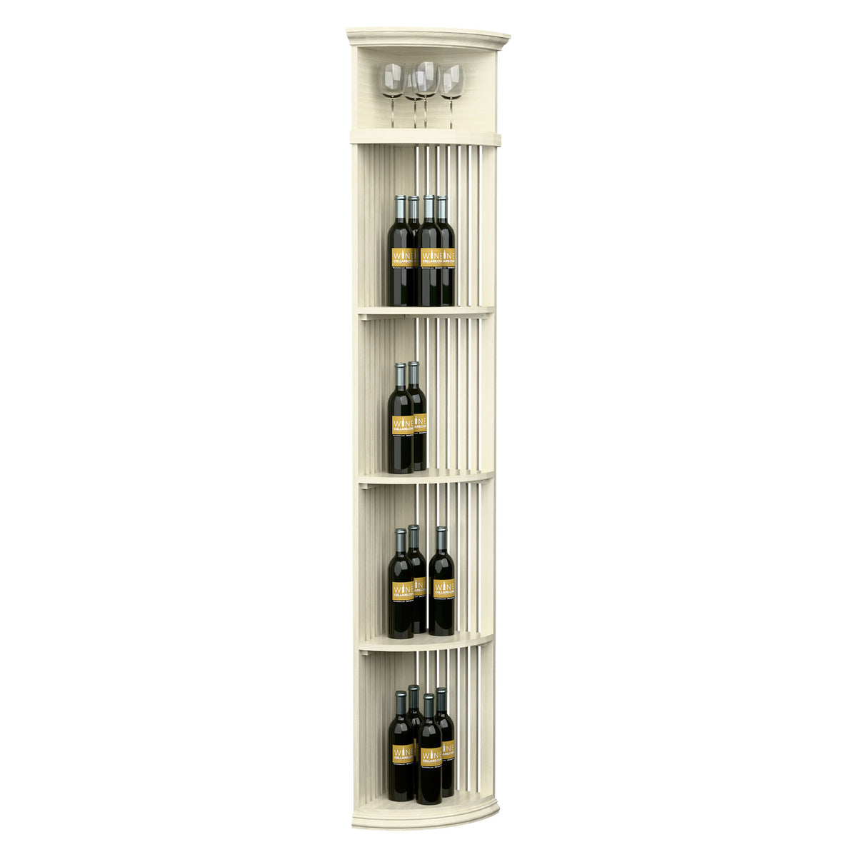 Quarter-round wine shelf with lattice sides, round base, bottle slots and glass rack, off-white.
