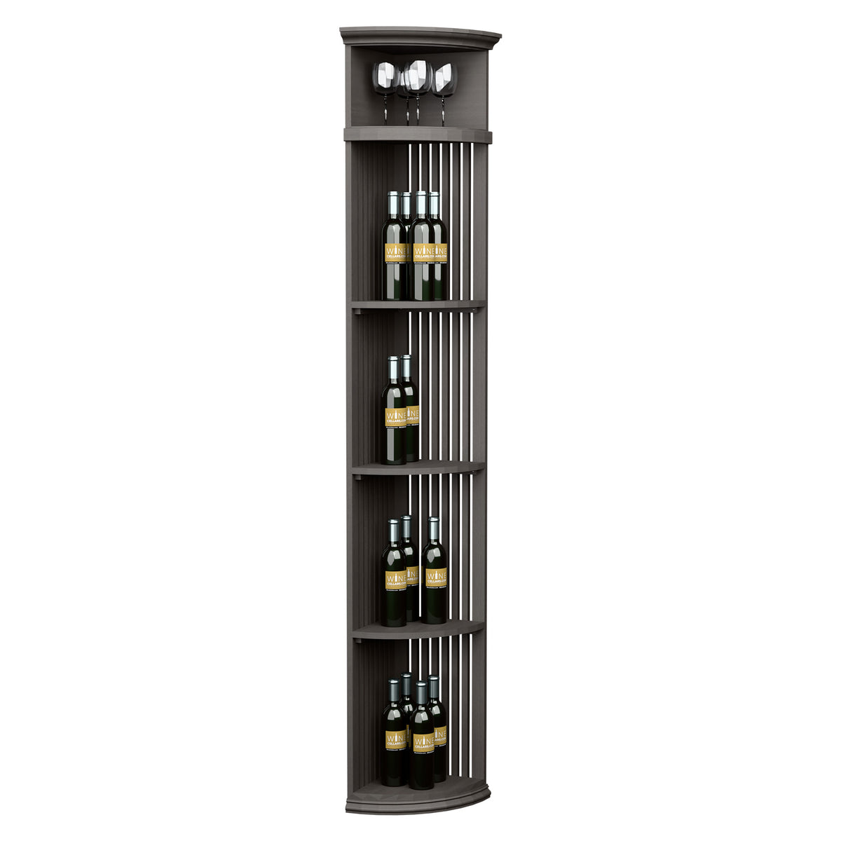 Dark quarter-round wine shelf with round base, slatted lattice, holds bottles and 4 glasses