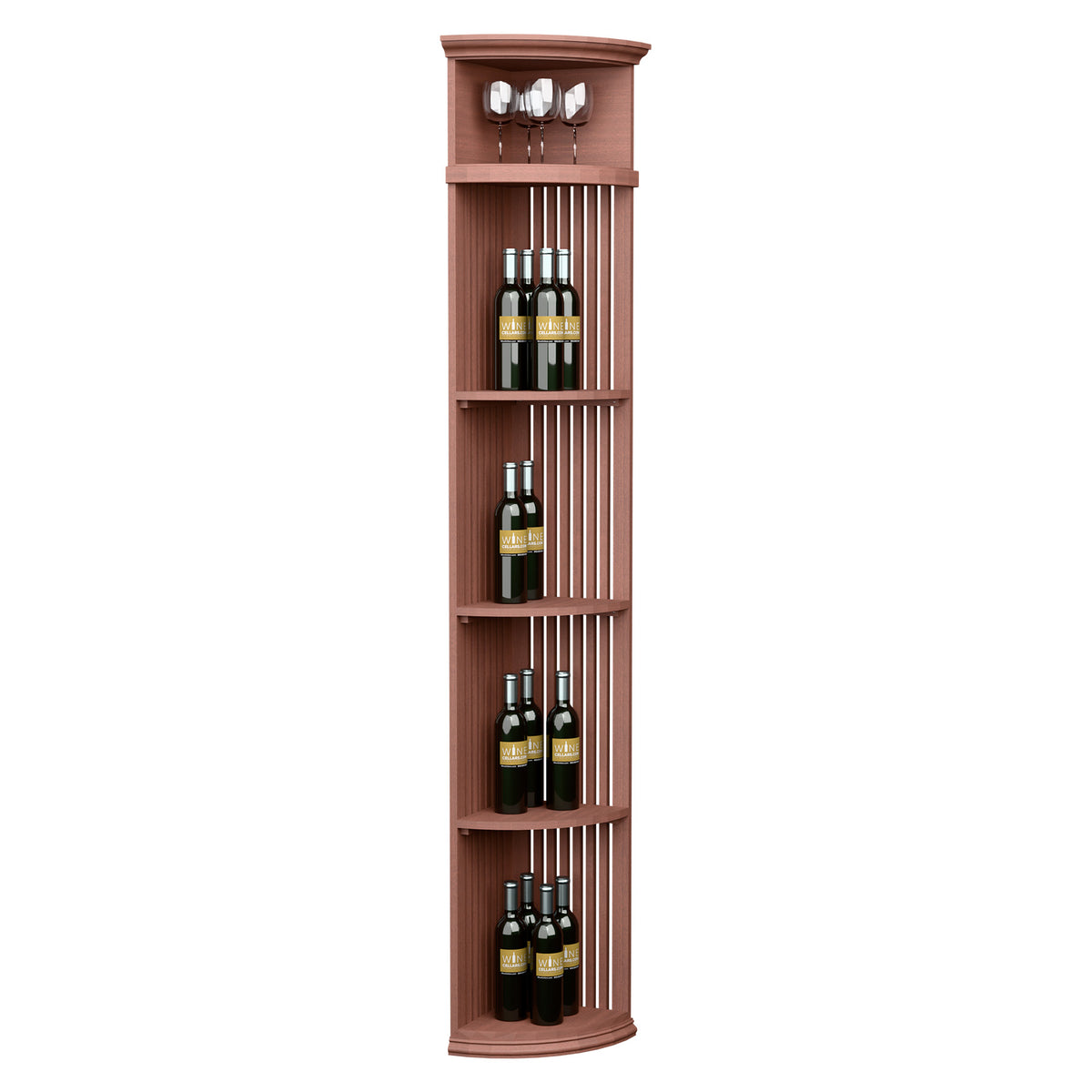 Red-brown quarter-round wine shelf with round base, slatted lattice, holds bottles and 4 glasses