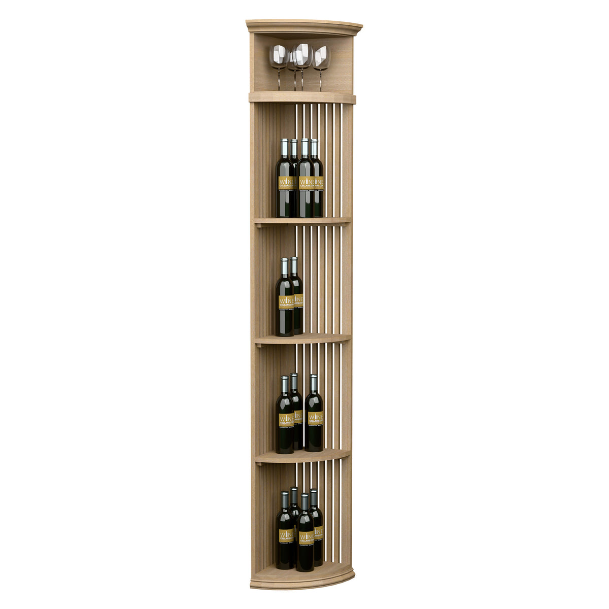 Light wood quarter-round wine shelf with round base, slatted lattice, holds bottles and 4 glasses