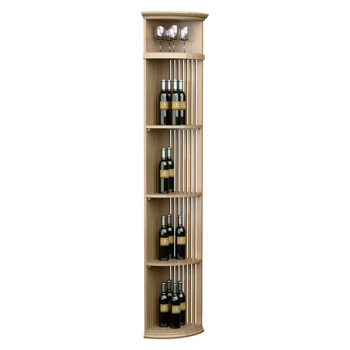 Light wood quarter-round wine shelf with round base, slatted lattice, holds bottles and 4 glasses