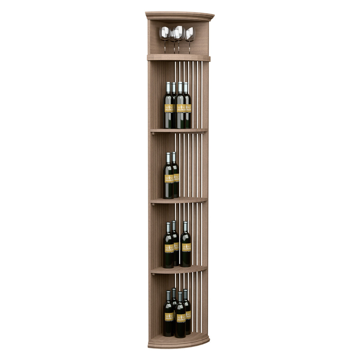 Light wood quarter-round wine shelf with round base, slatted lattice, holds bottles and 4 glasses