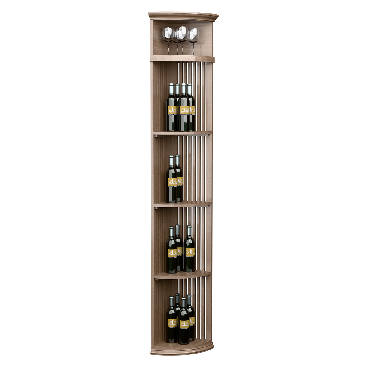 Light wood quarter-round wine shelf with round base, slatted lattice, holds bottles and 4 glasses