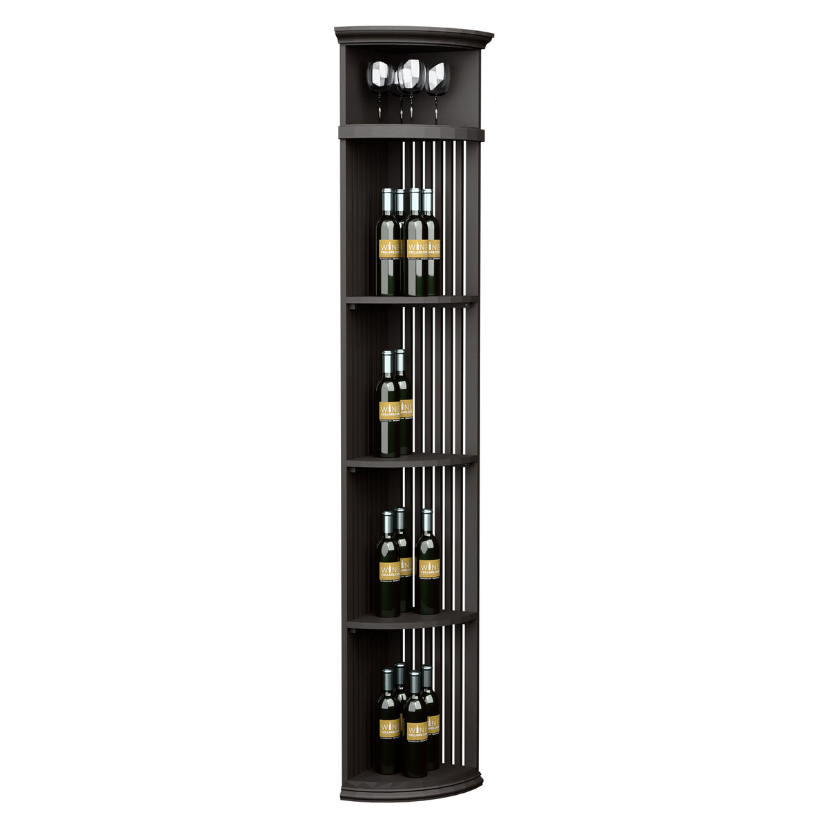Dark quarter-round wine shelf with round base, slatted lattice, holds bottles and 4 glasses