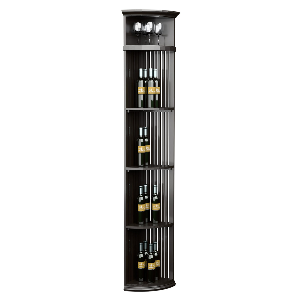 Dark quarter-round wine shelf with round base, slatted lattice, holds bottles and 4 glasses