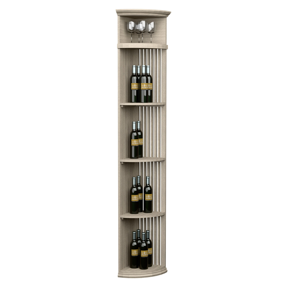 Lattice quarter round wine shelf with round base, holds bottles and stemware, grey
