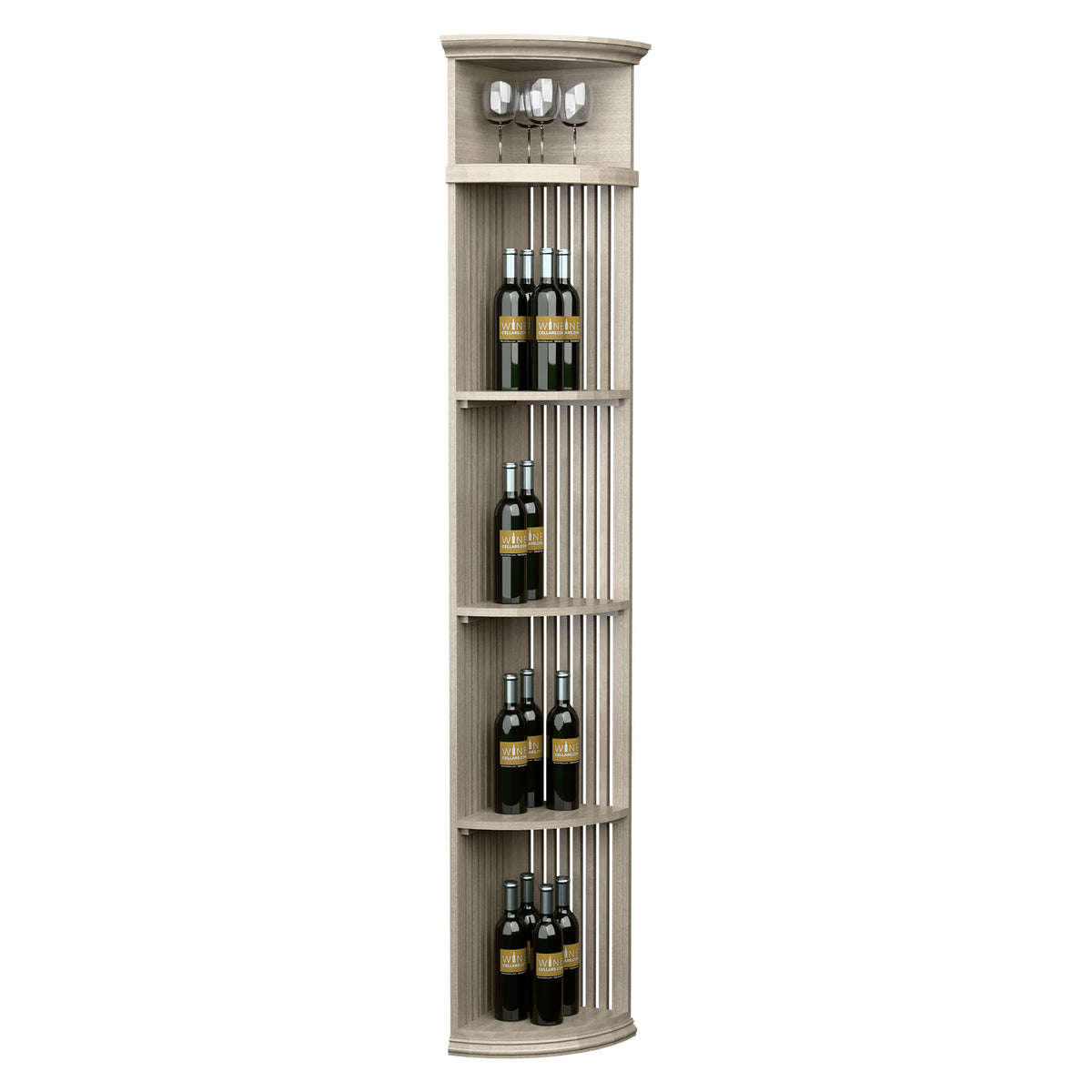 Lattice quarter round wine shelf with round base, holds bottles and stemware, light grey