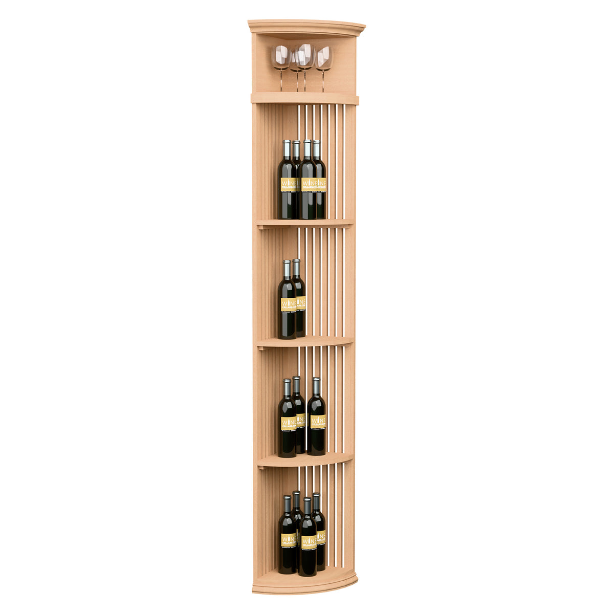 Lattice quarter round wine shelf with round base, holds bottles and stemware, natural wood
