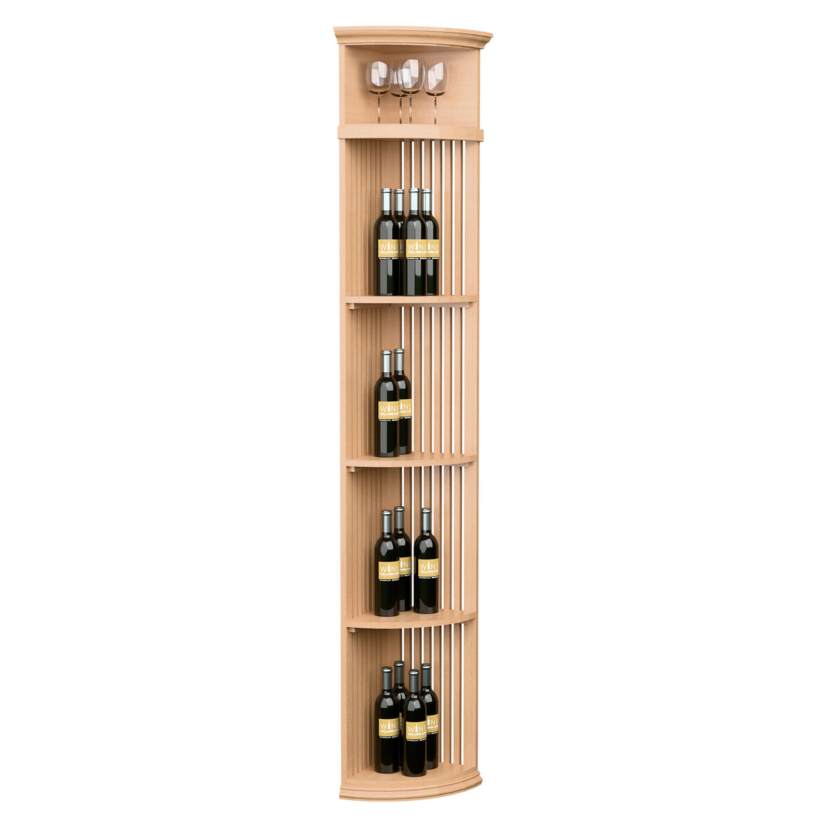 Lattice quarter round wine shelf with round base, holds bottles and stemware, pale wood