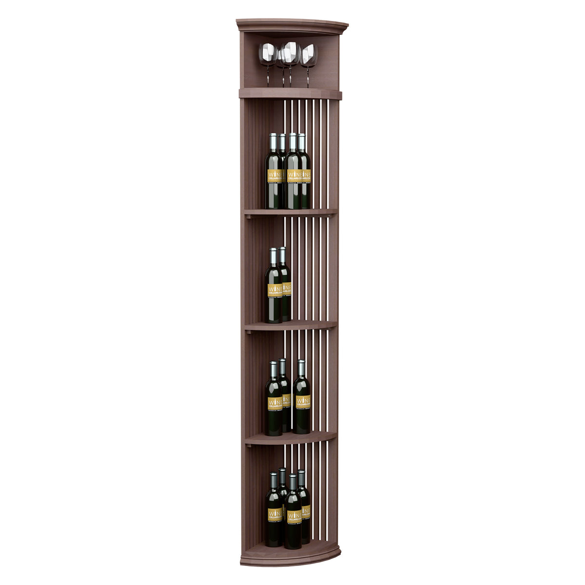 Lattice quarter round wine shelf with round base, holds bottles and stemware, dark walnut