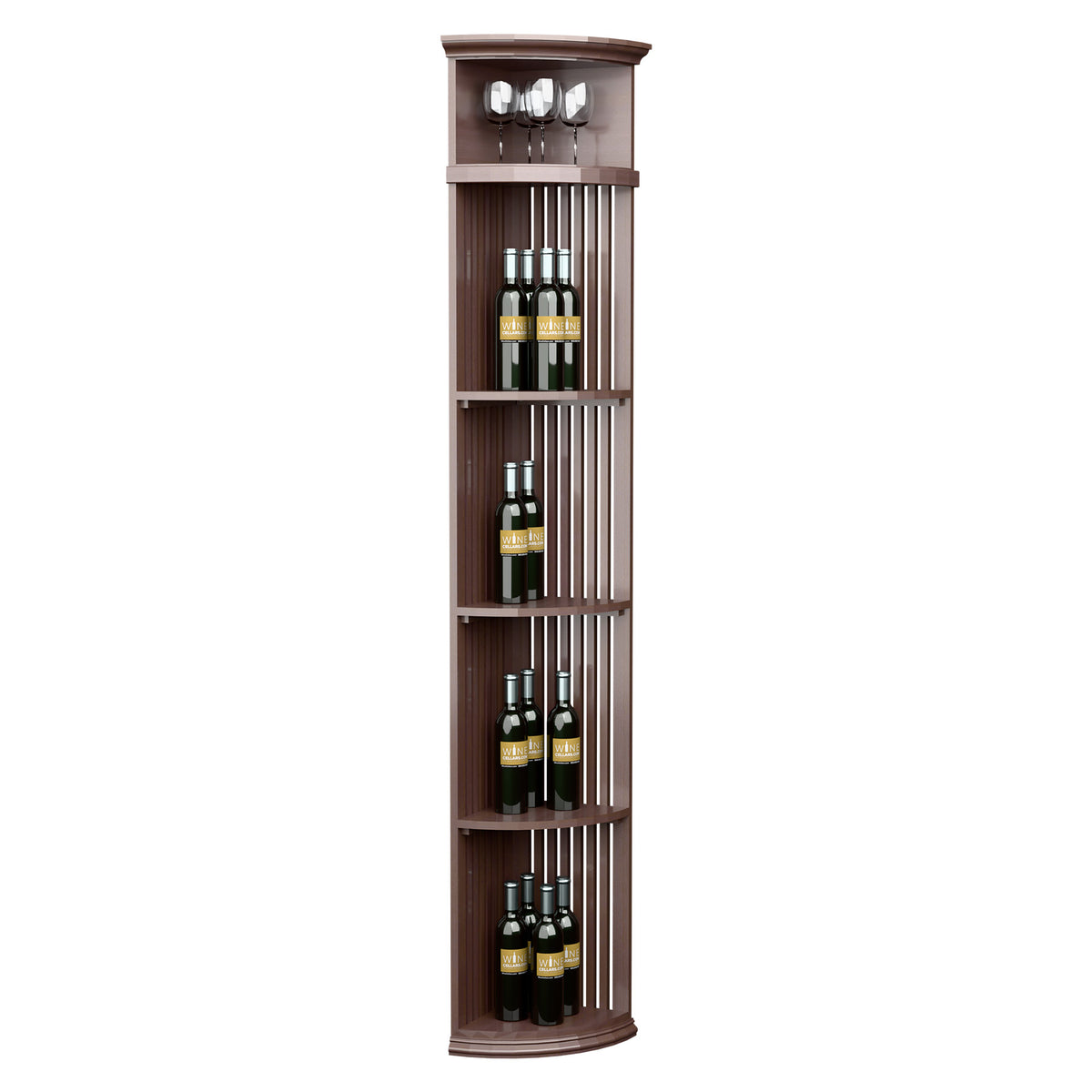 Lattice quarter round wine shelf with round base, holds bottles and stemware, rich brown