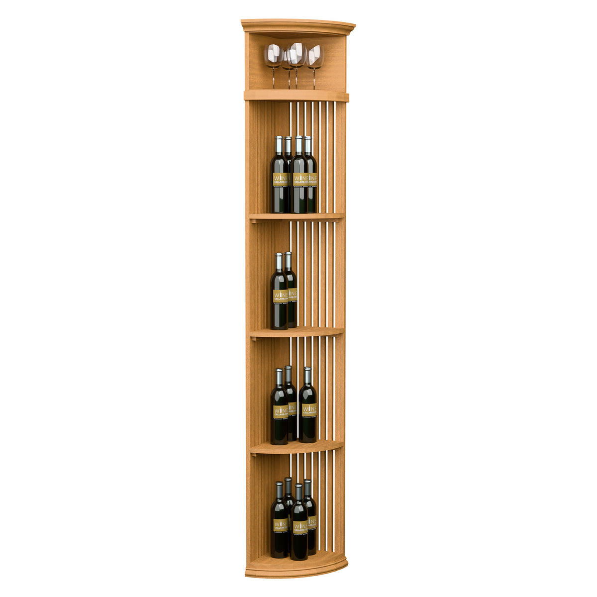 Lattice quarter round wine shelf with round base, holds bottles and stemware, honey wood