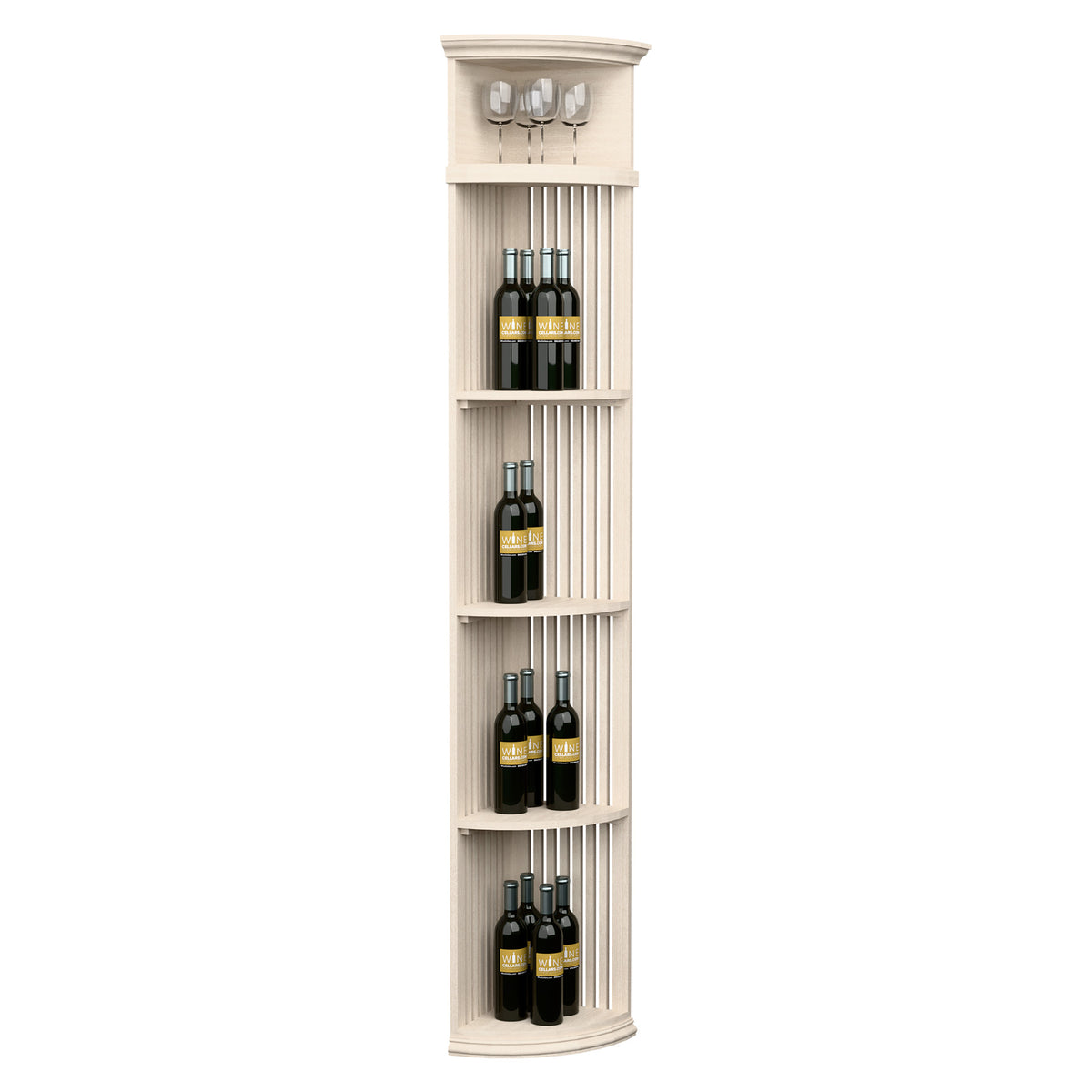 Lattice quarter round wine shelf with round base, holds bottles and stemware, white