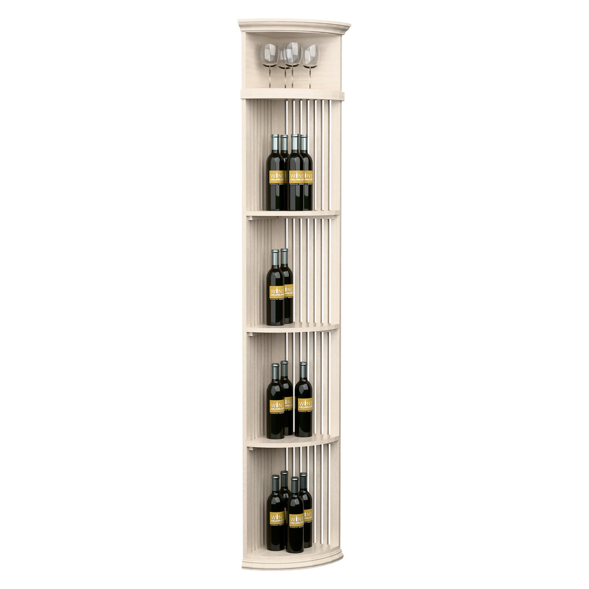 Lattice quarter round wine shelf with round base, holds bottles and stemware, off-white