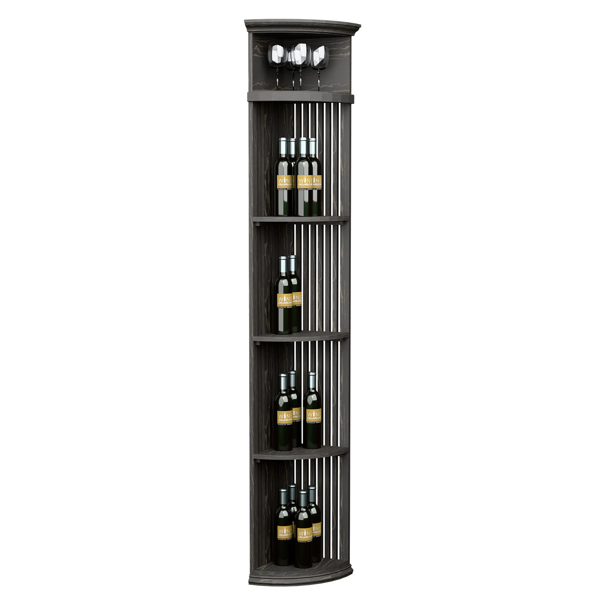 Dark round wine bottle display shelf with lattice dividers and 2-top glass holders