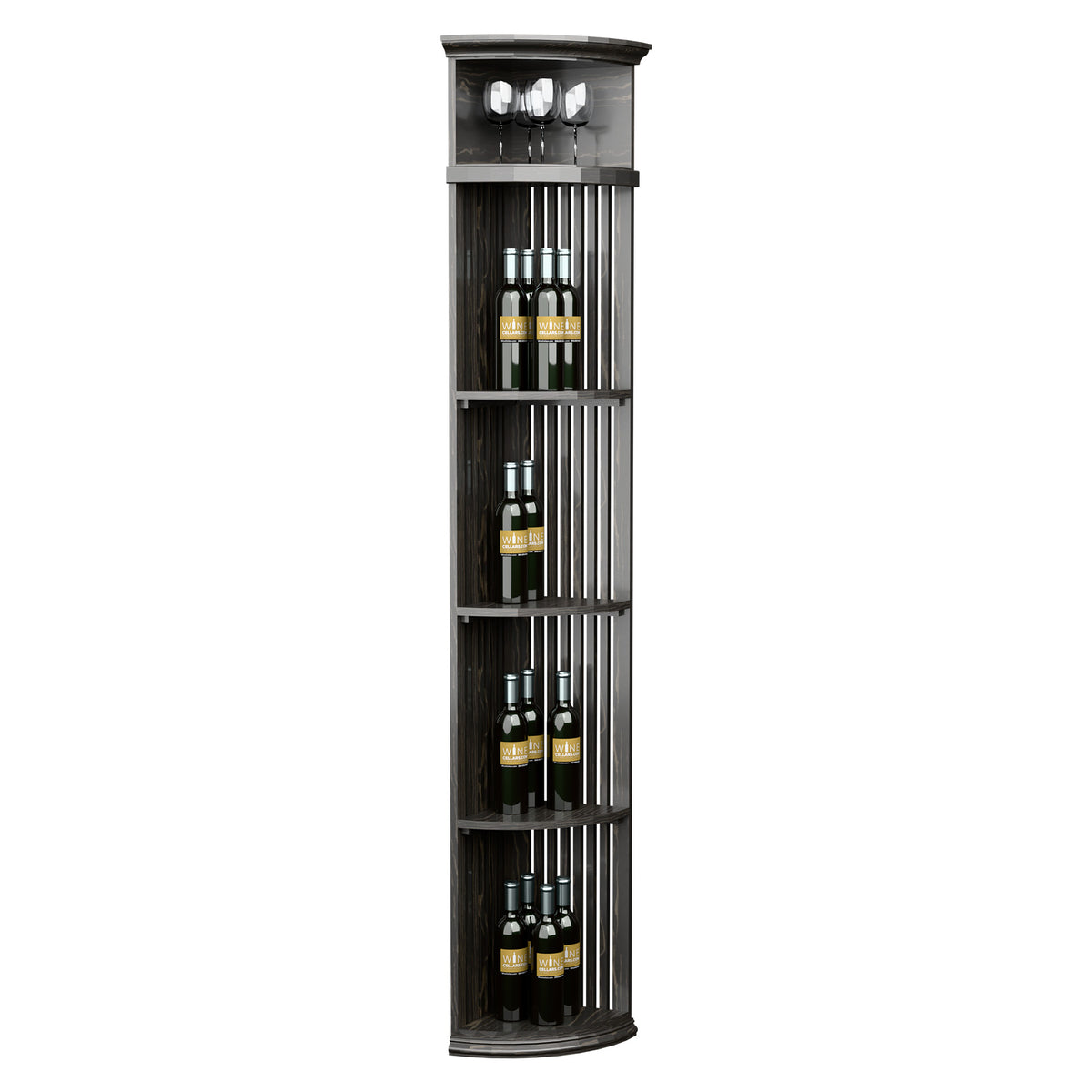 Tall dark round wine bottle shelf with slatted dividers and top glass rack