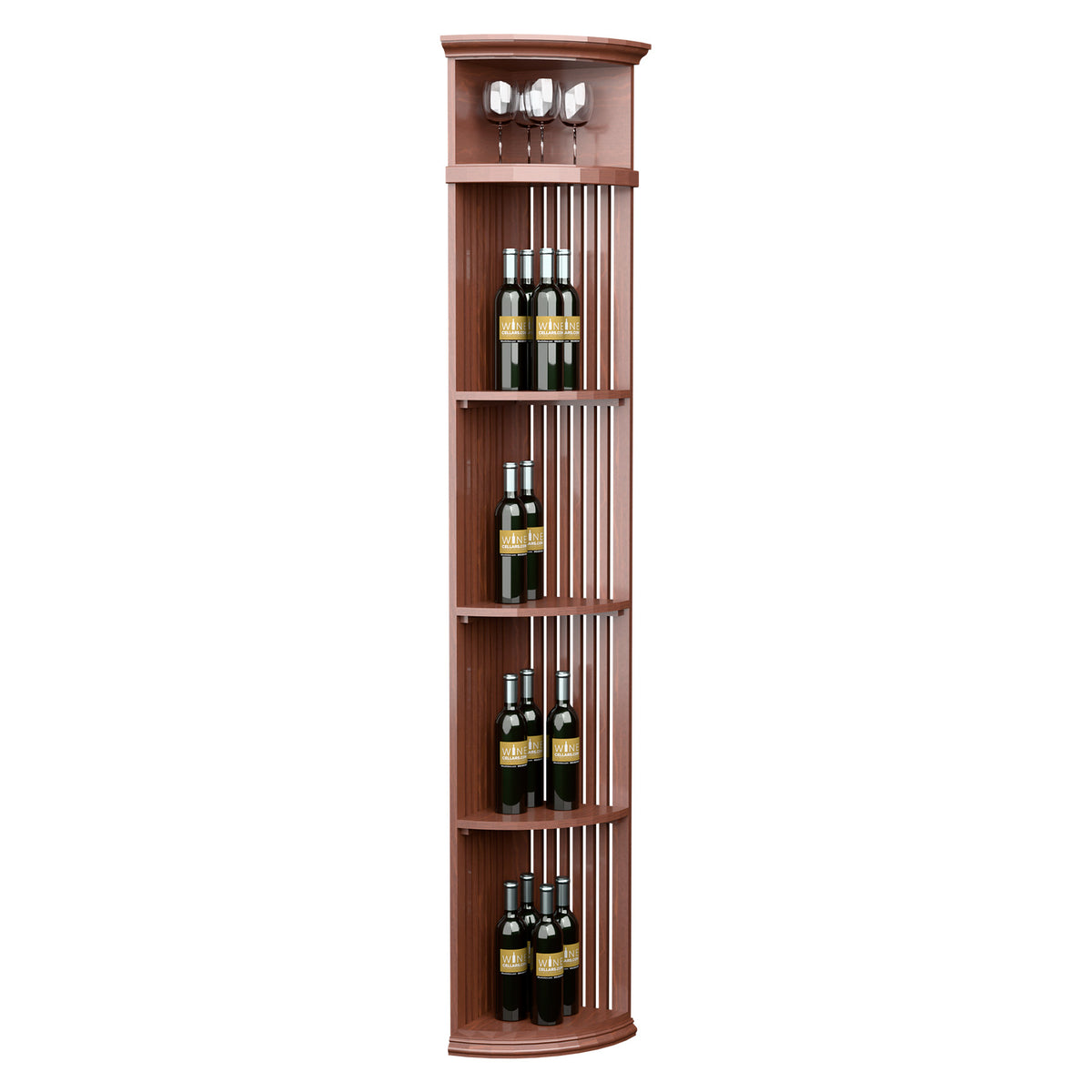 Tall reddish-brown round wine bottle shelf with slatted shelves and top glass holder row