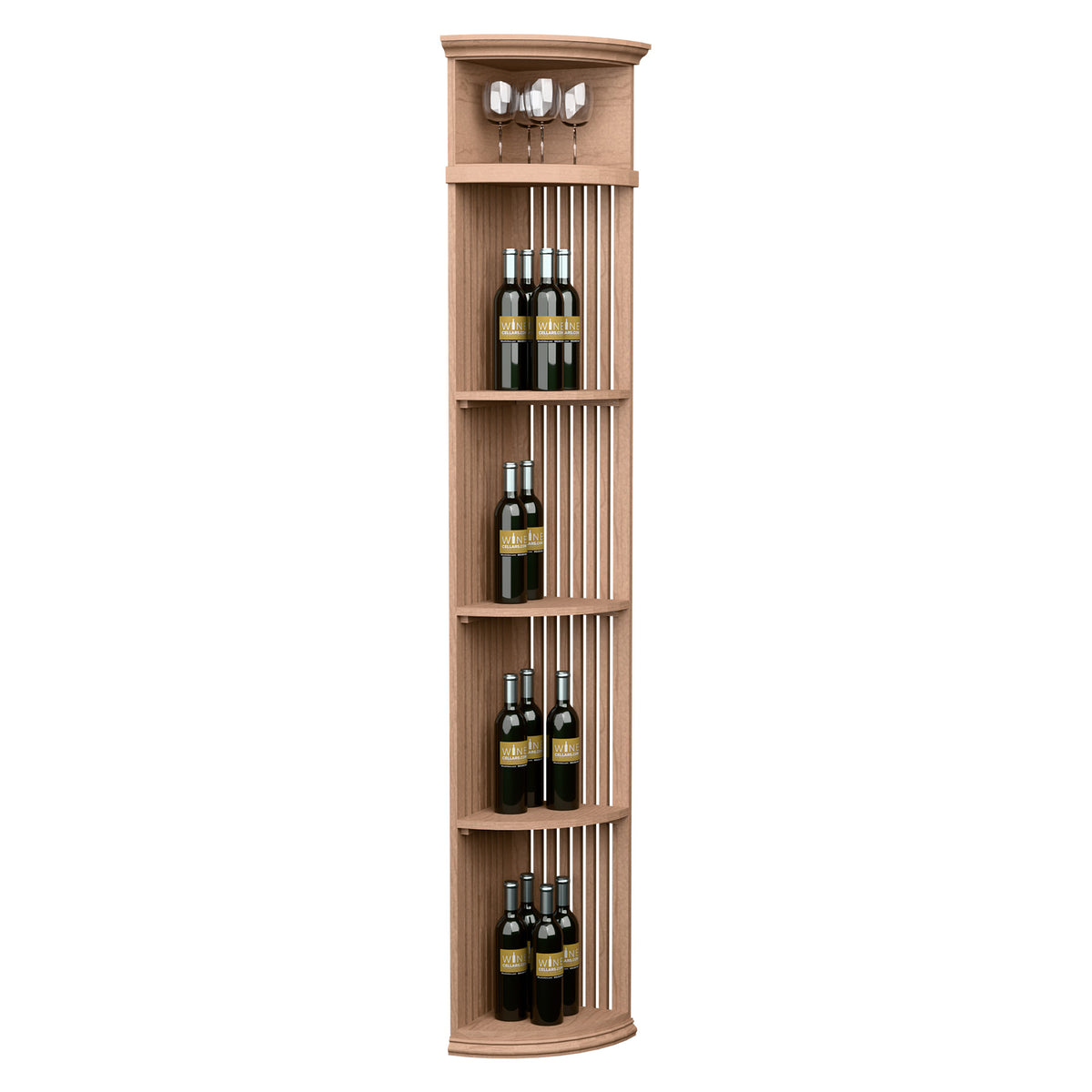 Light wood round wine bottle display shelf with slatted dividers and top glass holders