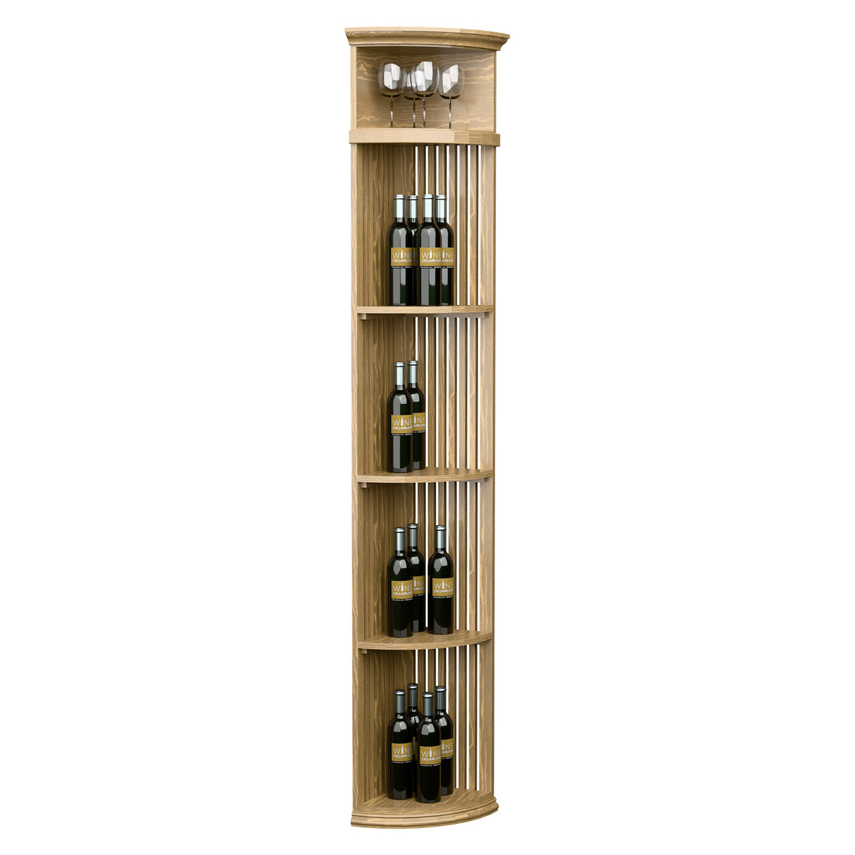 Light oak tone round wine bottle shelf with vertical slat dividers and top glass holder row
