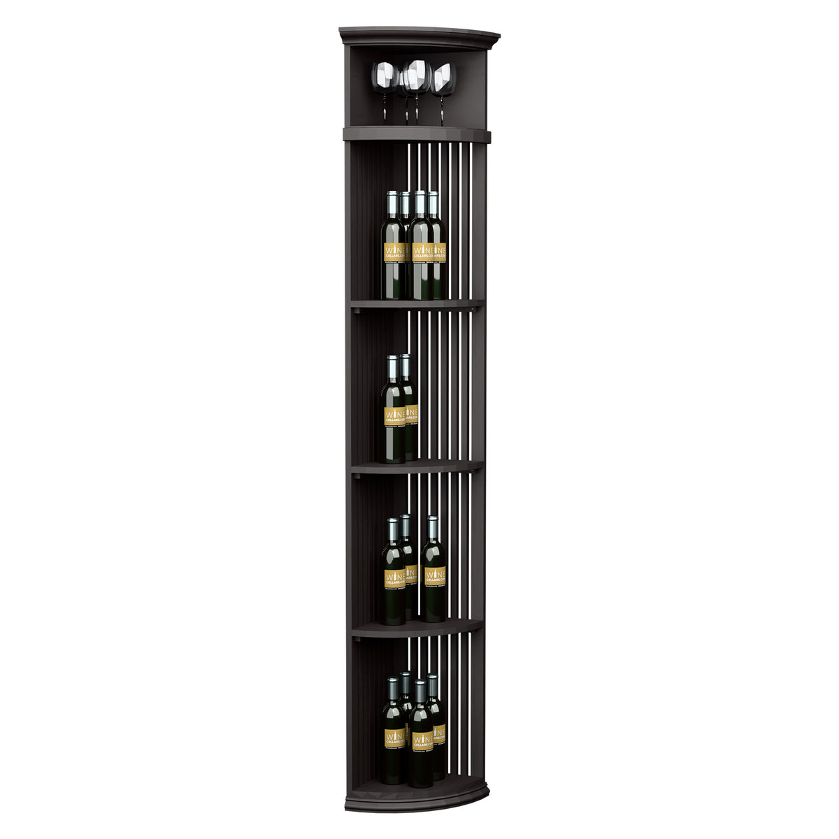 Dark round wine bottle display shelf with lattice dividers and glass holders at the top