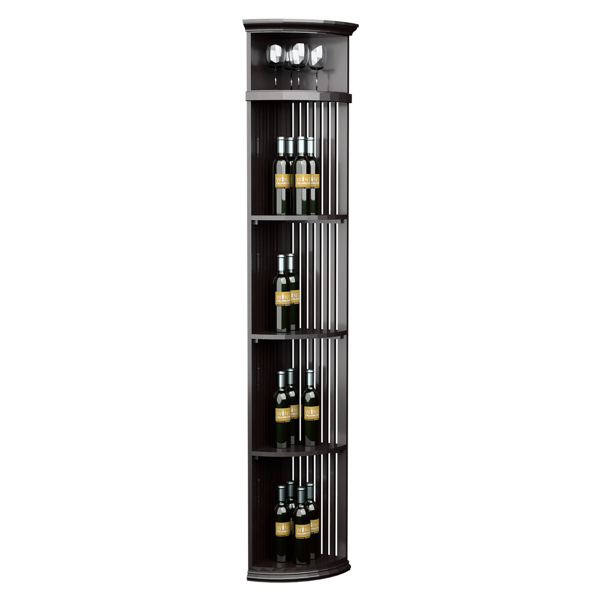 Tall dark round wine bottle rack with slatted shelves and top glass holder row