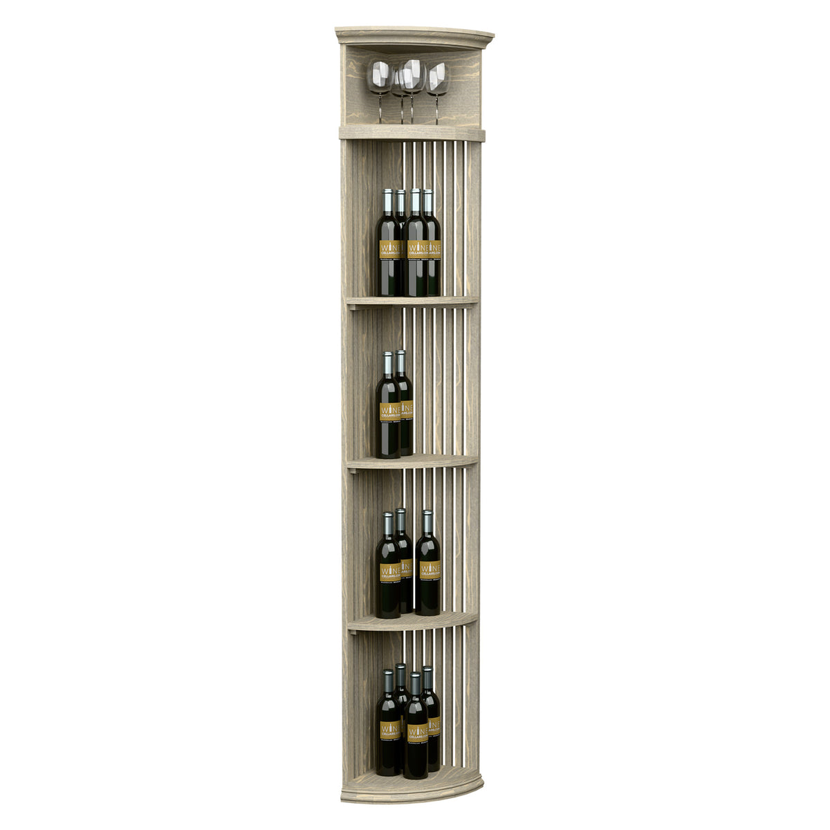 Tall quarter-round wine display shelf with lattice sides and round base, grey finish