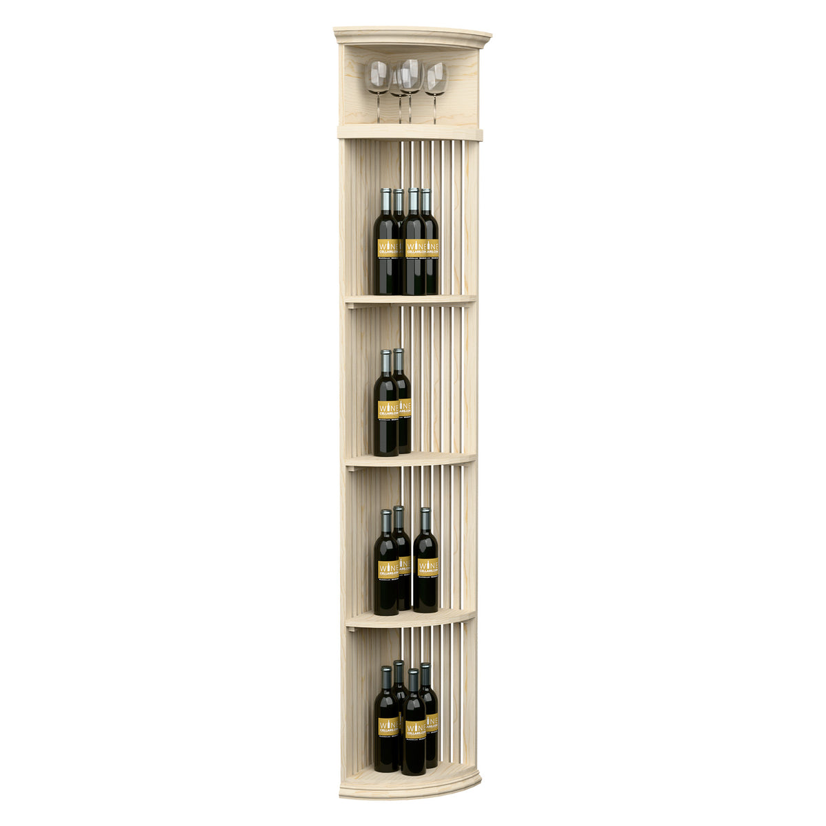 Tall quarter-round wine display shelf with lattice sides and round base, pale wood finish