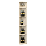 Tall quarter-round wine display shelf with lattice sides and round base, pale wood finish