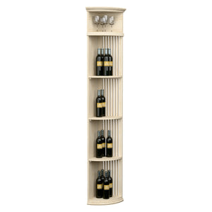 Tall quarter-round wine display shelf with lattice sides and round base, pale wood finish